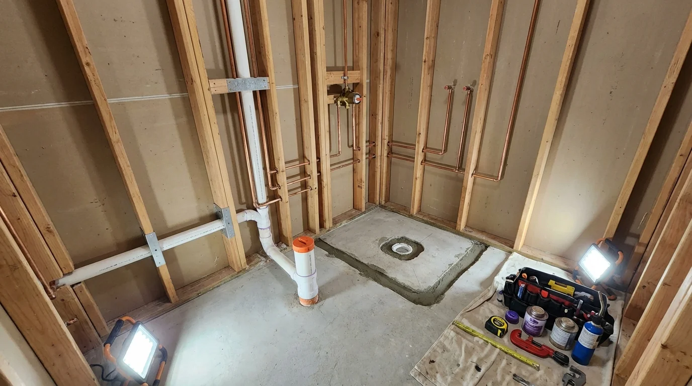 Bathroom rough-in plumbing during remodel by Johns Plumbing LLC in Matamoras