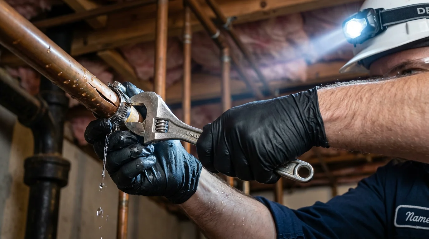 Emergency pipe clamp repair being performed by a Johns Plumbing LLC plumber in Matamoras