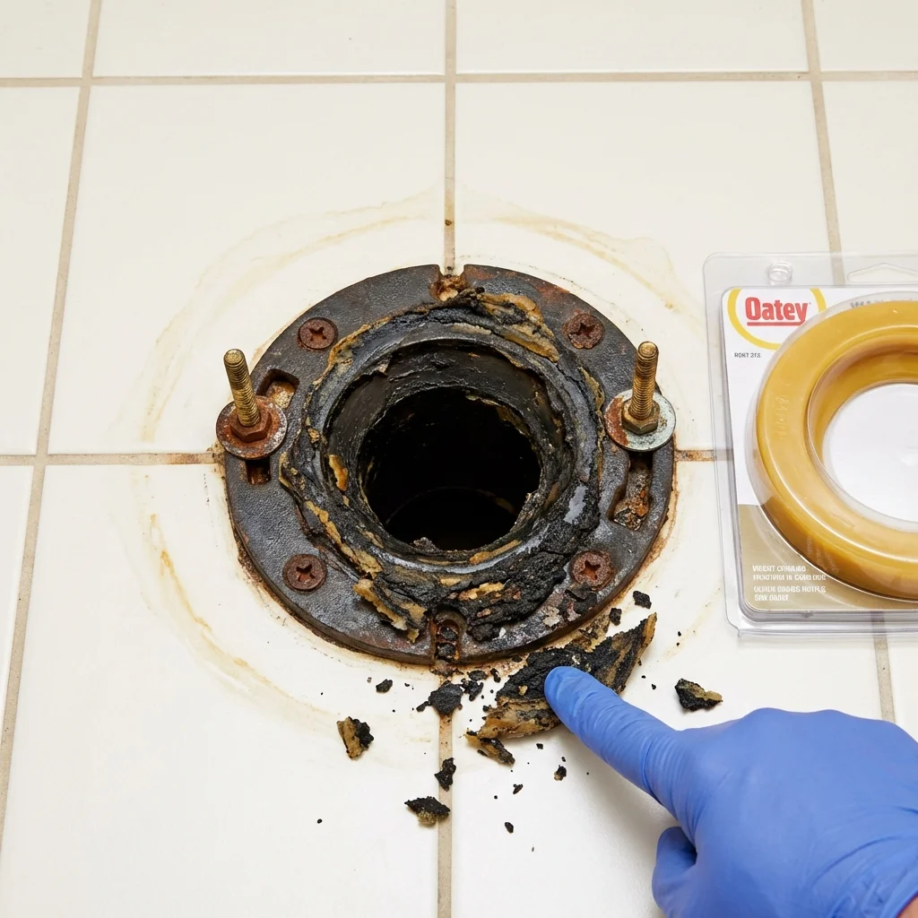 Failed wax ring showing water seepage at the base of a toilet in a Matamoras, PA home